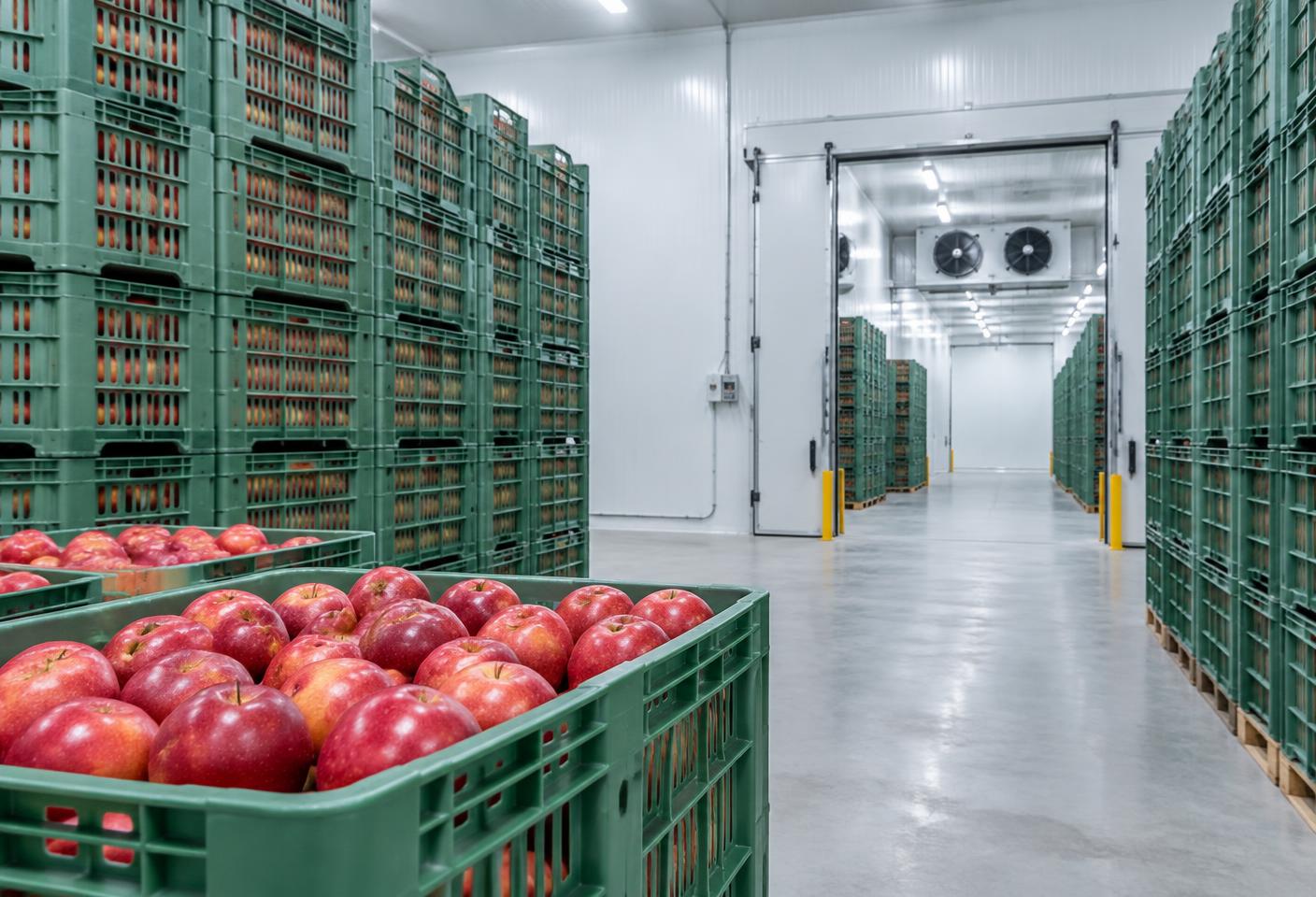 Apple crates inside a controlled atmosphere cold storage facility